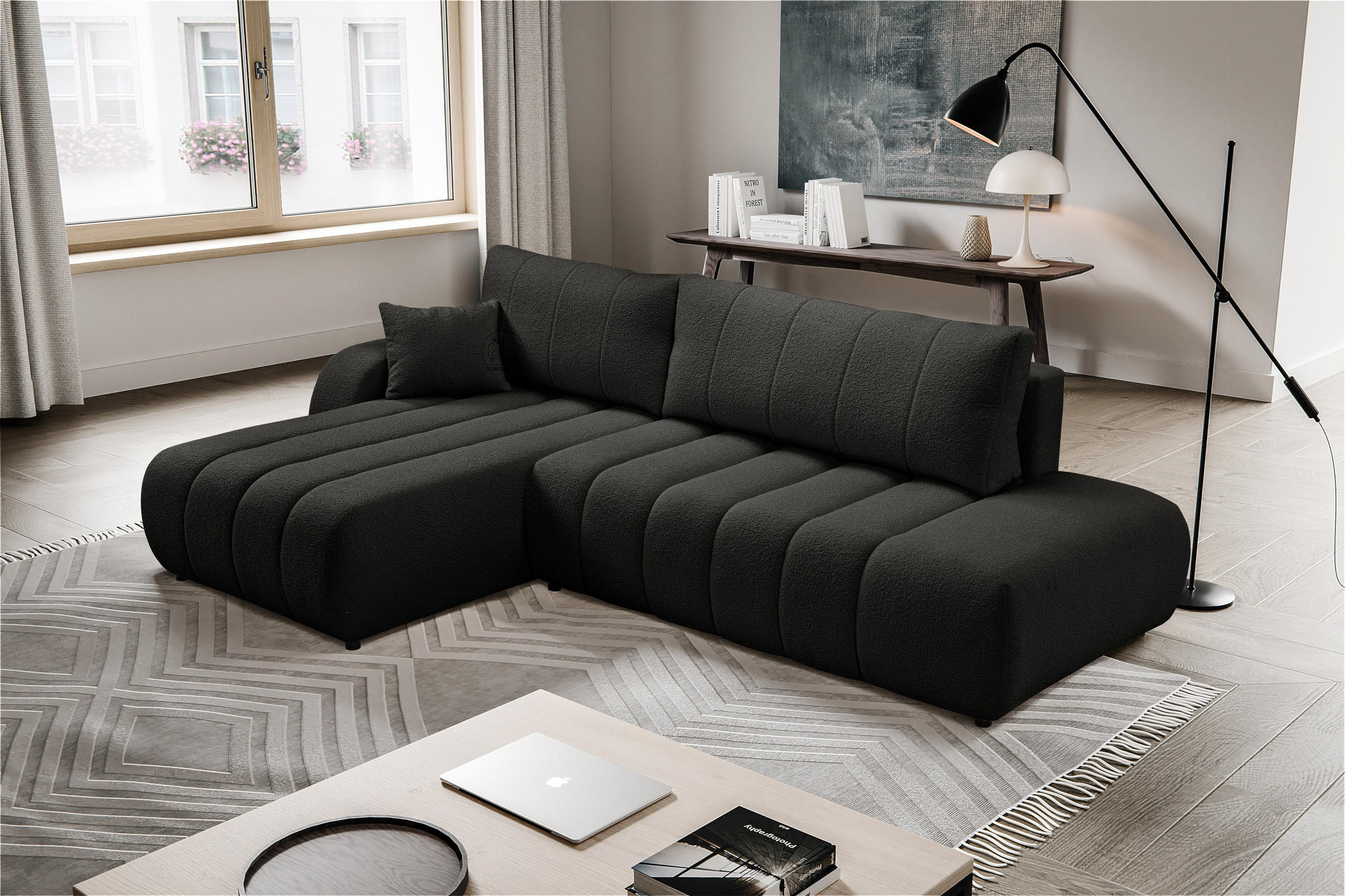 ECKSOFA BALOO L-förm, Schlaffunktion, hohe Funktionalität, komfortable Sitzfläche, lose Rückenkissen, freistehend, LINKS 176x276x88 cm Black - Schwarz, Holz/Textil (176/276cm) - DomoHome