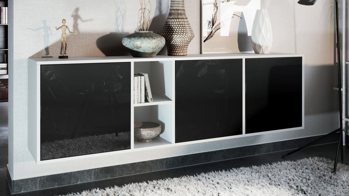 SIDEBOARD Cuba Türen in Schwarz Hochglanz - Schwarz Hochglanz, Holzwerkstoff (182/53/35cm) - Vladon