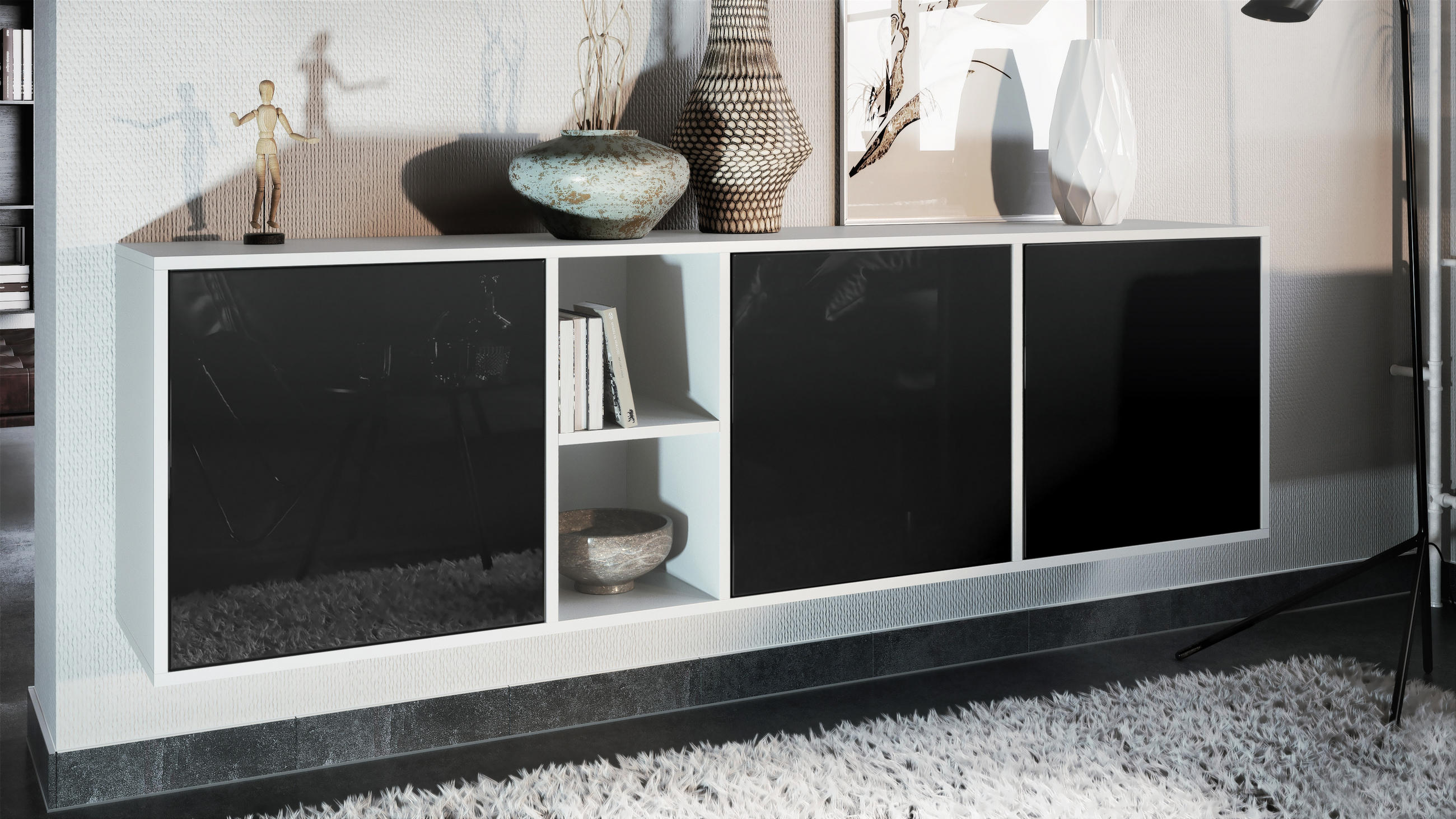 Thumbnail - Vladon Sideboard, Schwarz Hochglanz, Holzwerkstoff, 182x53x35 cm, Wohnzimmer, Kommoden & Sideboards, Sideboards
