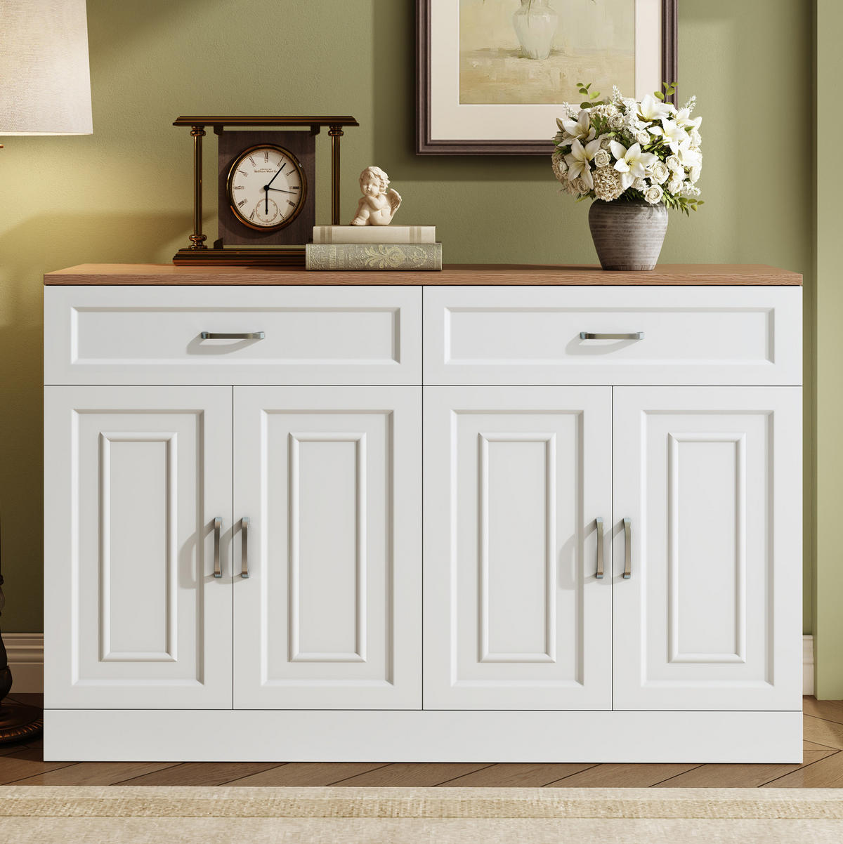 SIDEBOARD 120/35/80,5 cm mit 4 Türen & 2 Schubladen in Weiß und Holzoptik - Weiß, Holzwerkstoff (120/80.5/35cm) - BEAOK