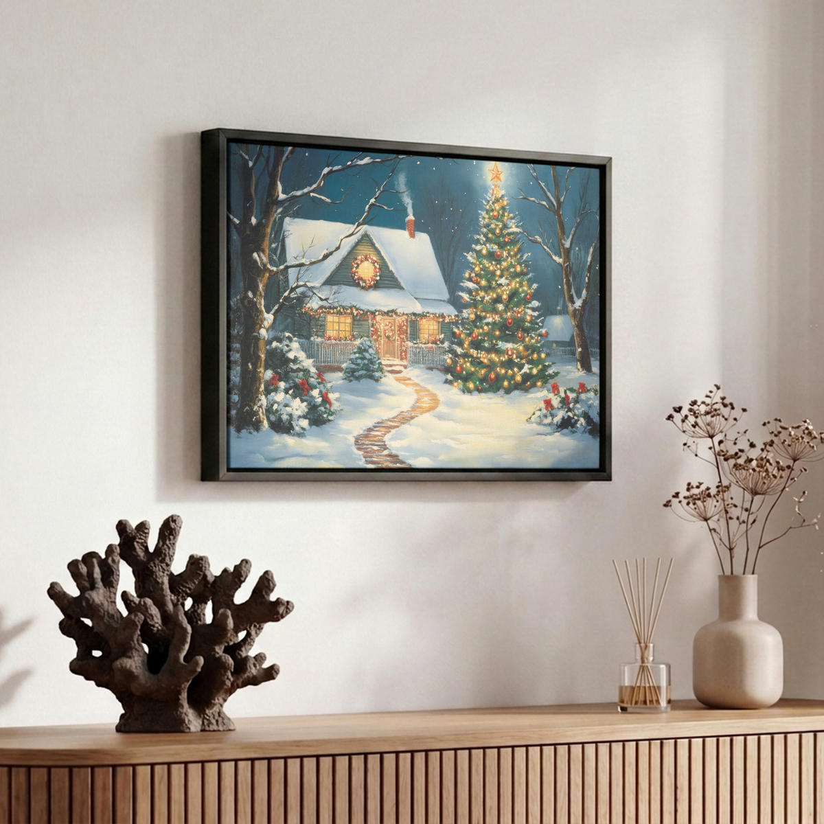 LEINWAND Bilder mit Rahmen - Weihnachten - Weihnachtsbaum - Winter - Zuhause - Schnee - 30x20 - Smaragdgrün, Textil (30/20cm) - MuchoWow