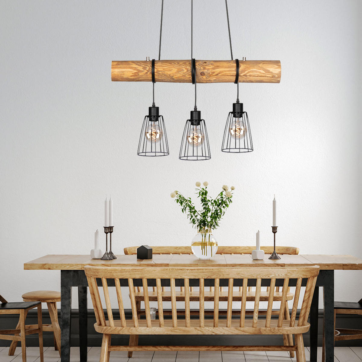 HÄNGELEUCHTE Holzoptik Braun Metall Drahtgeflecht - Braun, Holz (70/14/150cm)