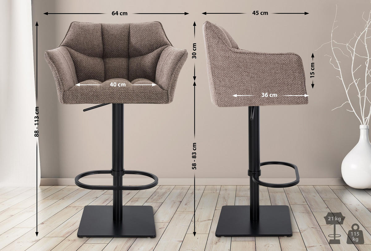 BARHOCKER 2er Set Stoff Terrabraun - Dunkelbraun/Schwarz, Textil/Metall (64/88/45cm) - CLP