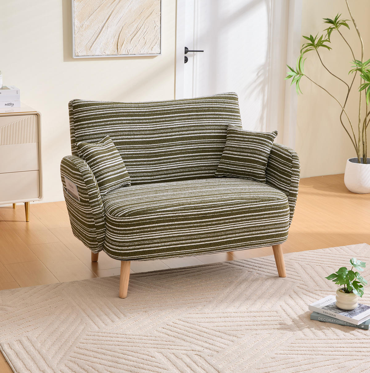 2-SITZER-SOFA aus Bouclé 121x81,5x87 cm in Olivgrün mit Seitentaschen - Grün, Textil (81.5/87/121cm) - Modfu