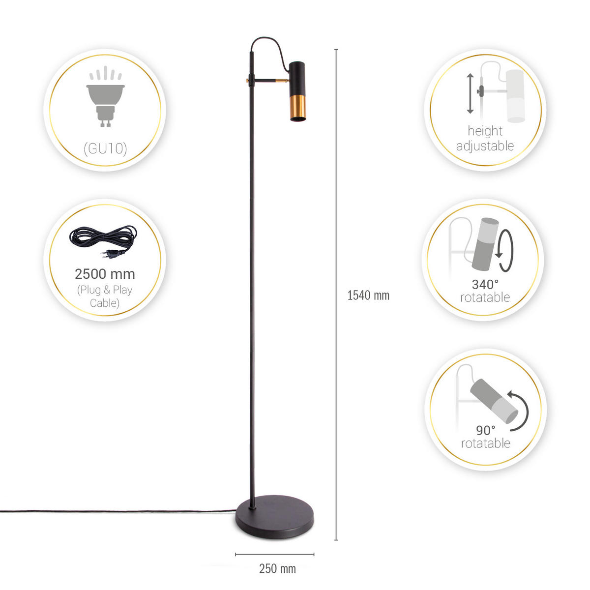 STEHLEUCHTE Fuoca - Schwarz, Metall (25/25/154cm) - Paco Home