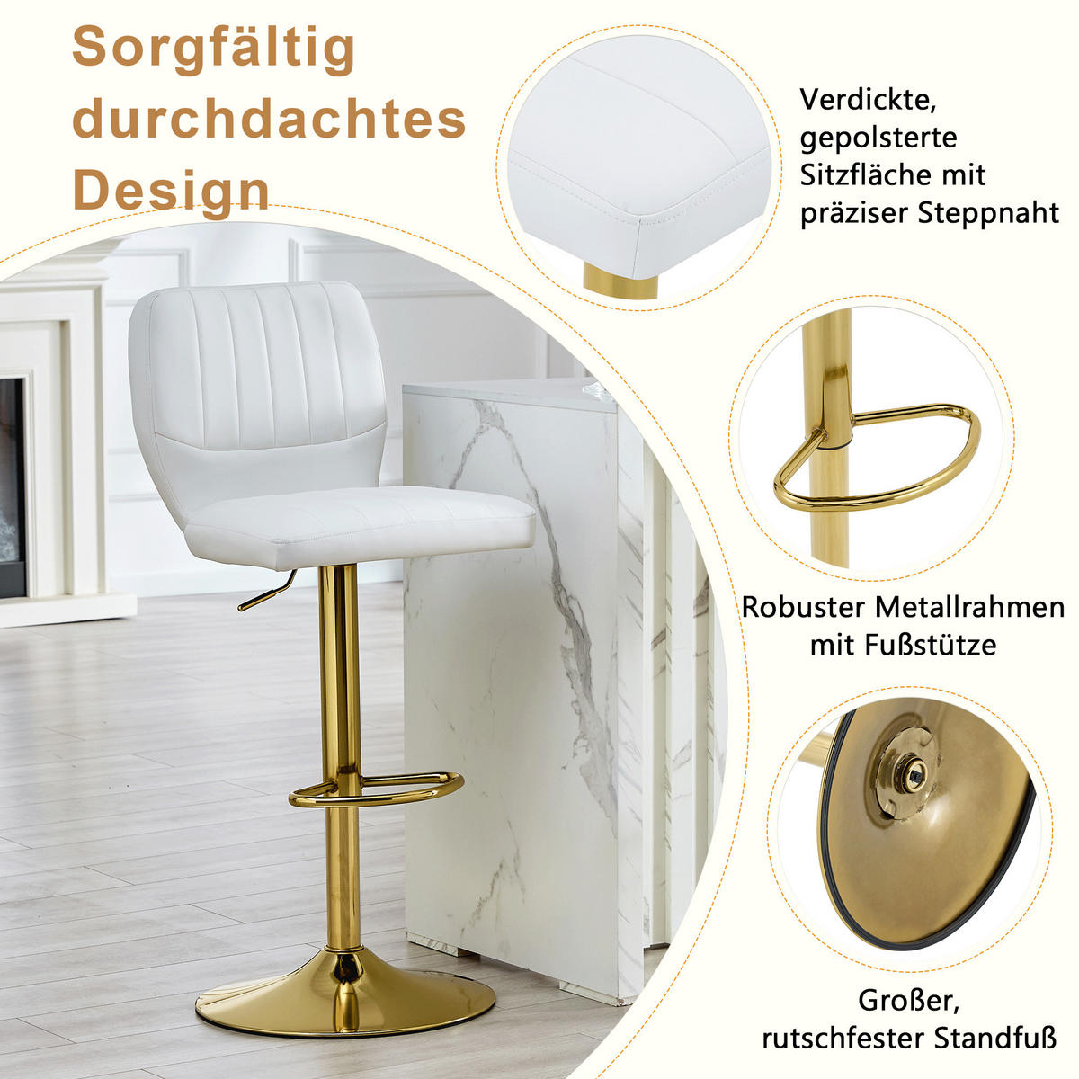 BARSTOL 2-PACK i Konstläder i Vitt och Guld, höj- och sänkbar samt 360° snurrbar - Vit, Läder (52/62/45cm) - Urban Meuble