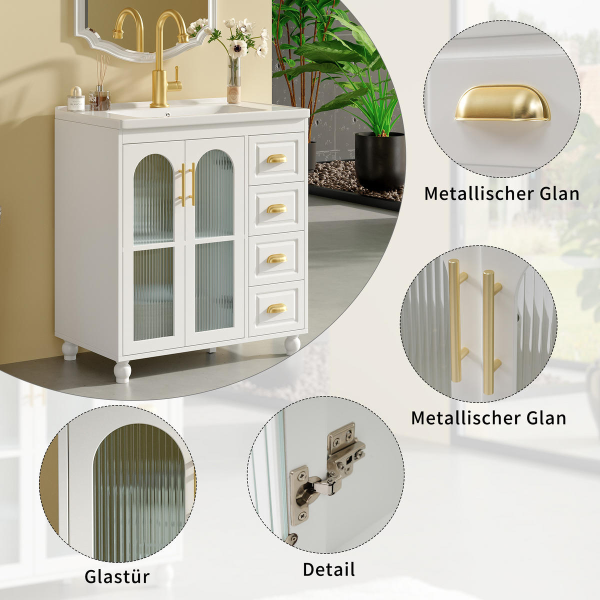 BADEZIMMERSCHRANK mit Becken 80x47x90 cm Weiß aus Porzellan & MDF mit 2 Schränken & 3 Schubladen - Weiß, Holzwerkstoff (80/90/47cm) - Modfu