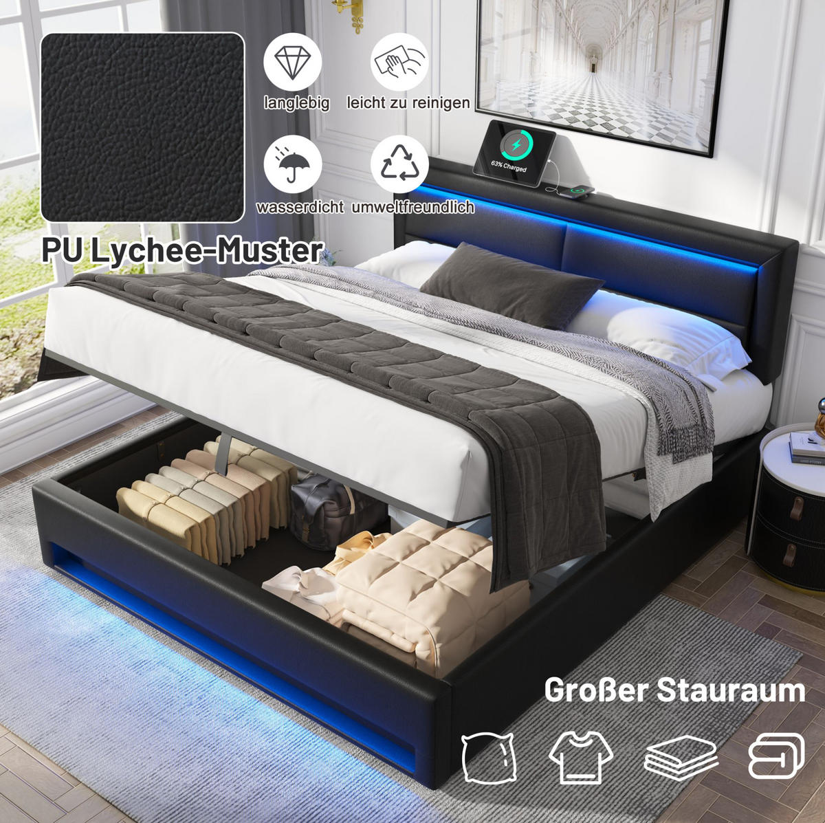POLSTERBETT 140/190 cm mit USB-Ladefunktion, LED-Beleuchtung und Bettkasten aus PU, Schwarz - Schwarz, Leder (140/190cm) - Redom