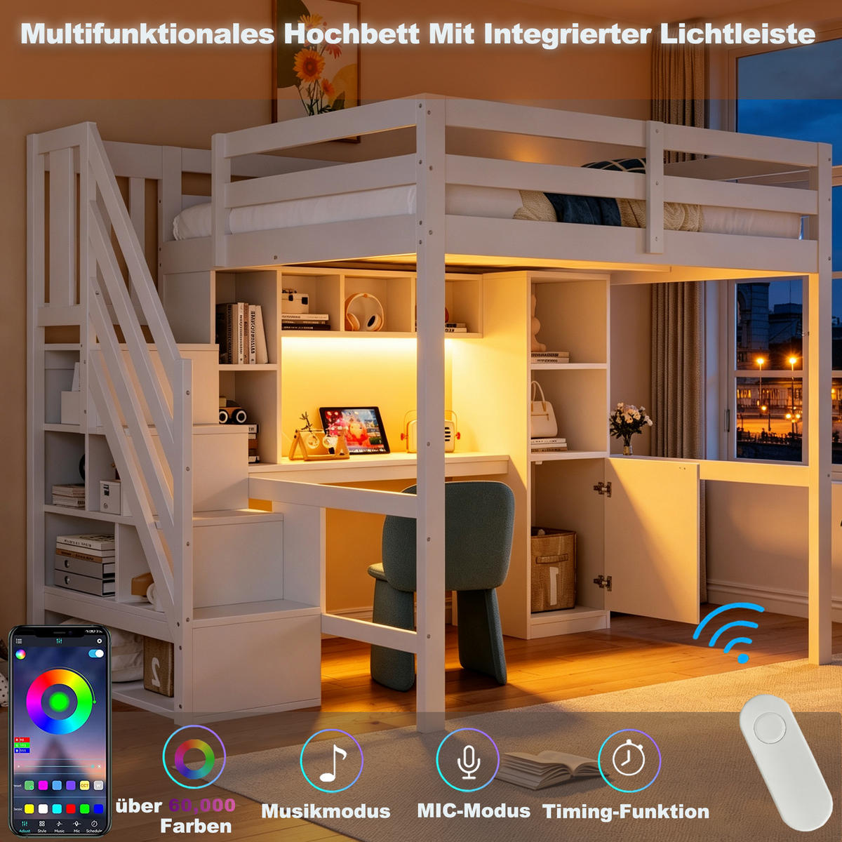 HOCHBETT 140/200 cm in Weiß mit Treppe, Schreibtisch, Regalen, Schränken, LED und Steckdosen aus Holz - Weiß, Holzwerkstoff - STILVORA