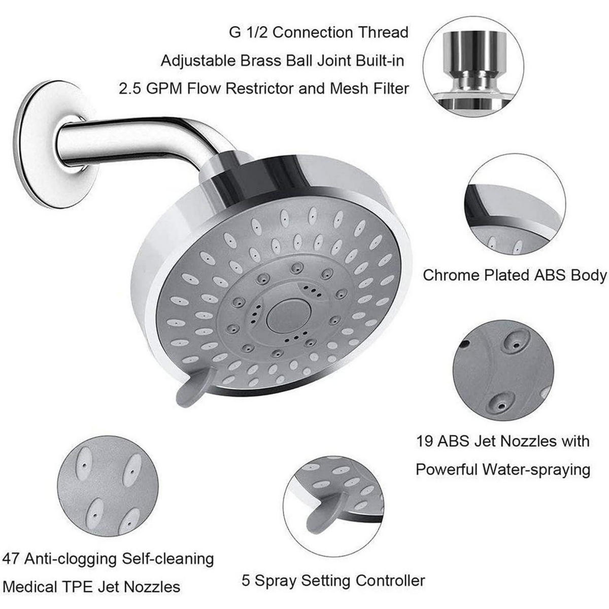 REGENDUSCHE Duschkopf 5 Sprühmodi Chrom 4 Zoll - Silberfarben, Kunststoff (10.4/8/10.9cm)