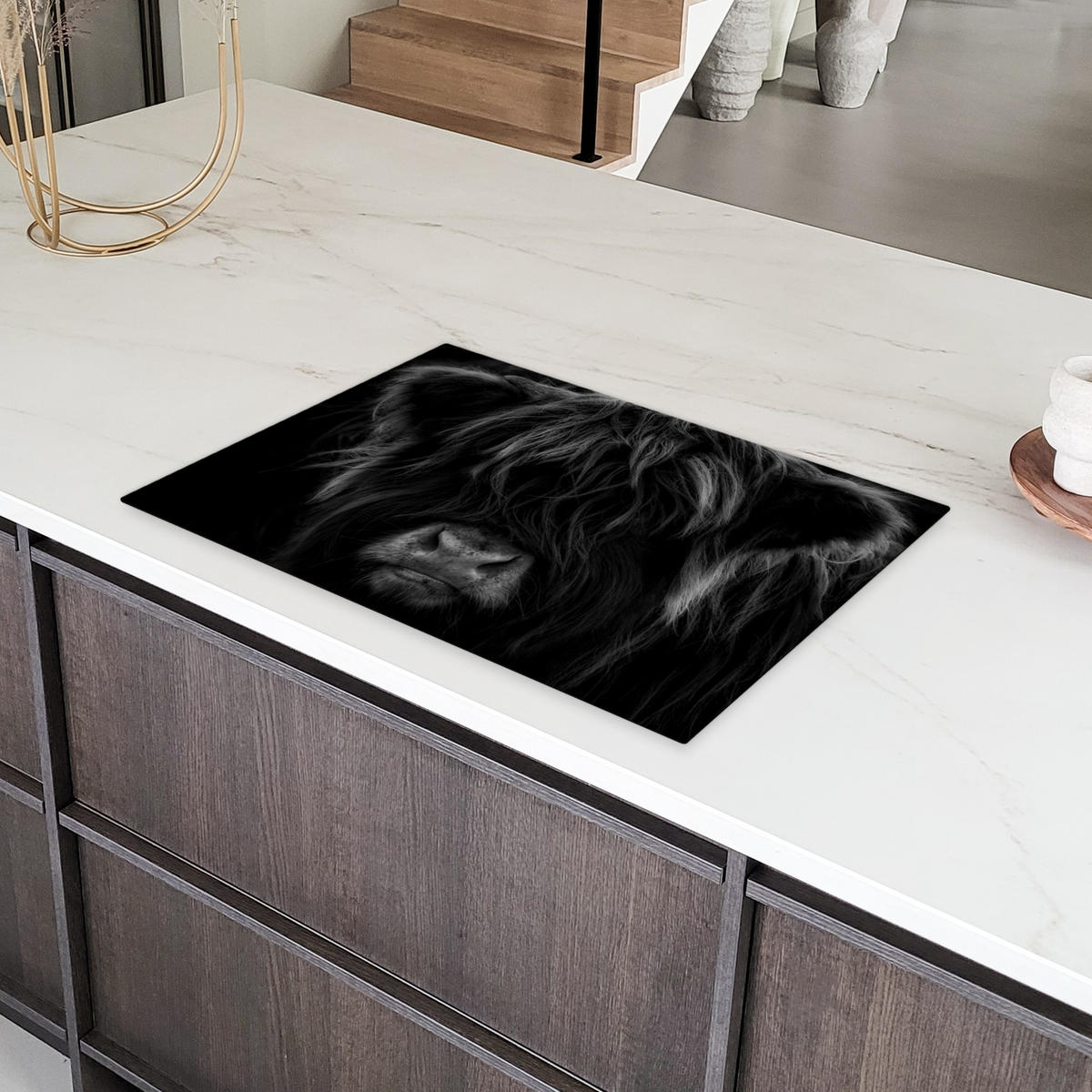 HERDABDECKPLATTE Schottischer Highlander - Kuh - Schwarz - Weiß - Tiere Induktionsmatte 77x51 cm - Schwarz, Kunststoff (77/51/0.2cm) - MuchoWow
