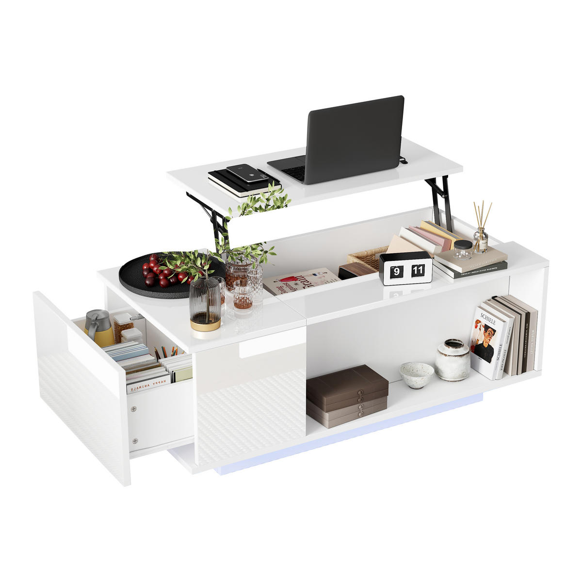 COUCHTISCH 100/50/40 cm höhenverstellbar mit verstecktem Stauraum und LED-Licht - Weiß, Holzwerkstoff (100/50/40cm) - OKWISH