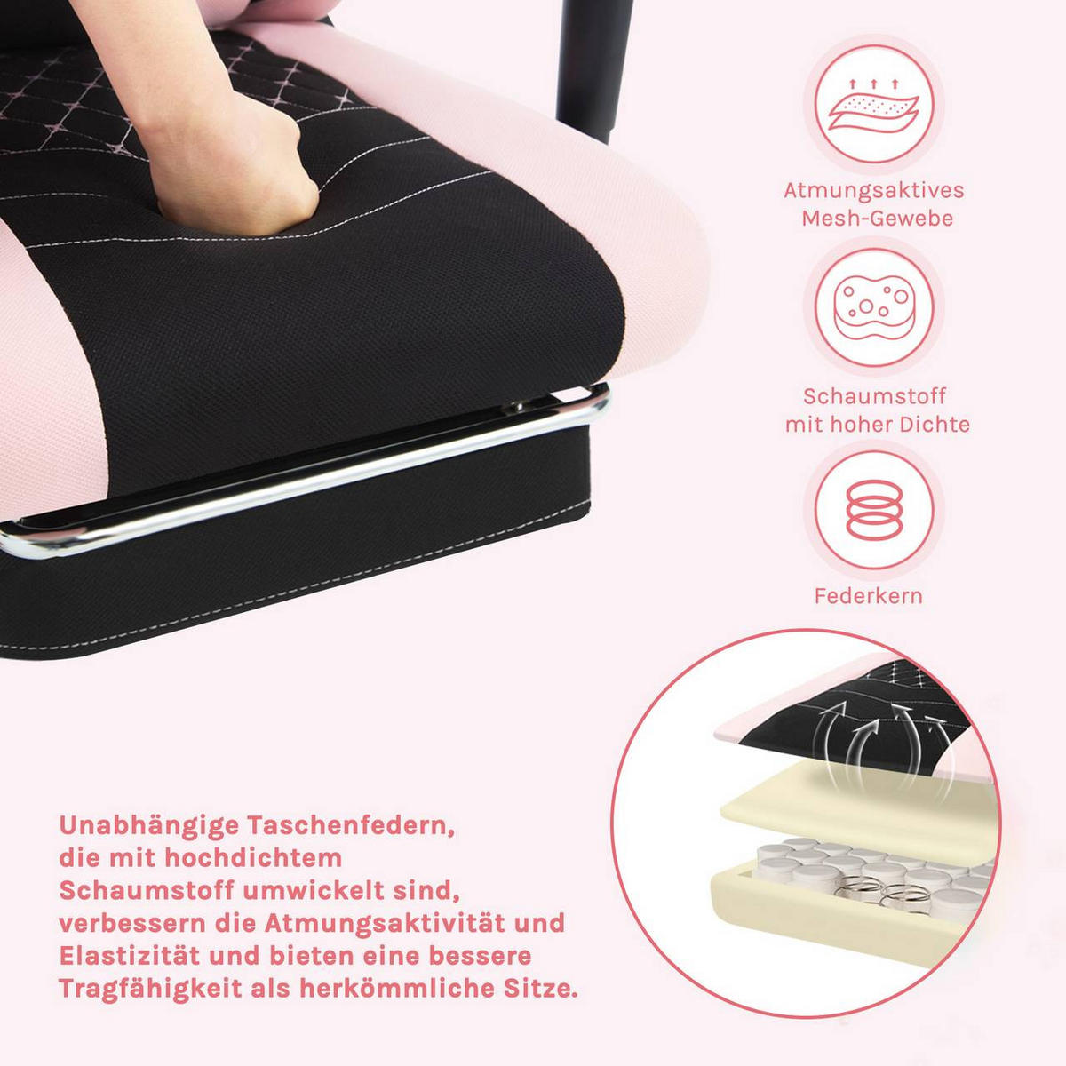 GAMINGSTUHL mit Lendenkissen, Massagefunktion, Schwarz+Rosa - Schwarz/Rosa, Textil/Metall (70/129/57.5cm) - Woltu