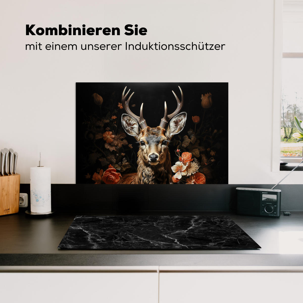 SPRITZSCHUTZ KÜCHE Hirsch - Tier - Blumen - Natur - Botanisch 60x40 cm - Kupferfarben, Metall (60/0.3/40cm) - MuchoWow