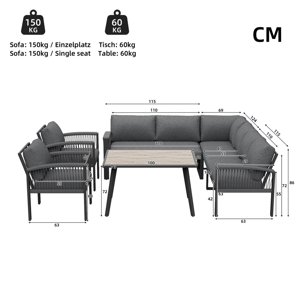 GARTEN-LOUNGE-SET mit Tisch 100/60/72 cm, verzinktes Metallgestell, Seilgeflecht und Kissen, Grau - Grau, Metall - Redom