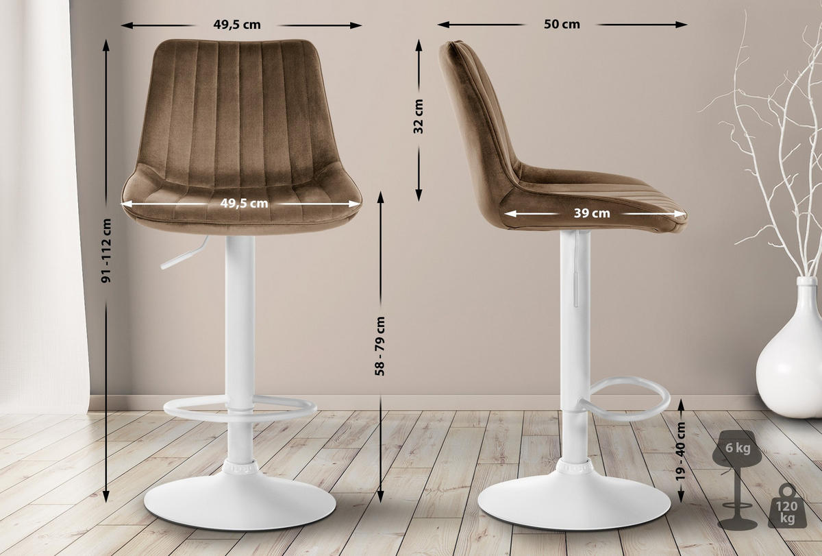 BARHOCKER 2er Set Samt Braun - Braun, Textil/Metall (49.5/91/50cm) - CLP