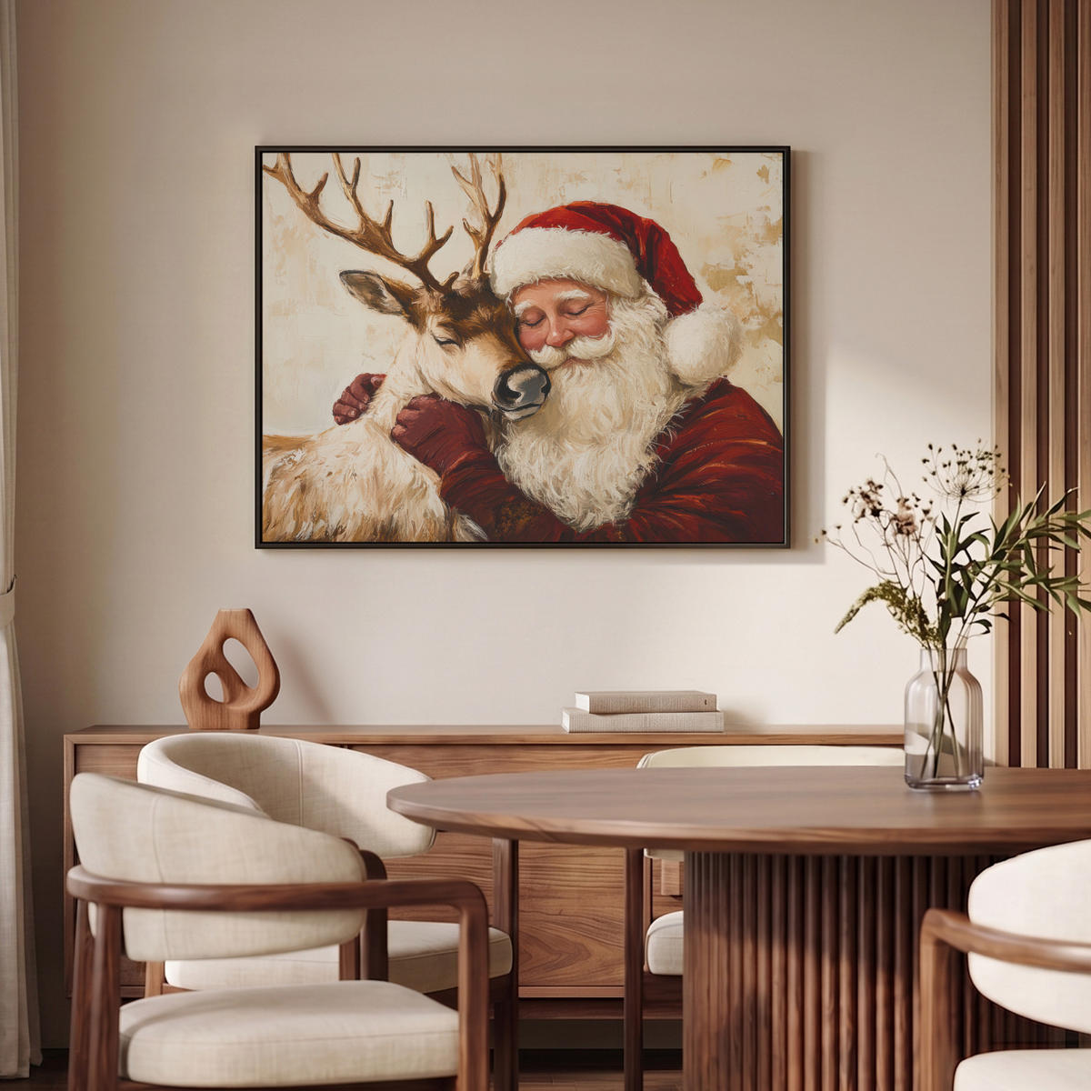 LEINWAND Bilder mit Rahmen - Weihnachtsmann - Rentier - Weihnachten - 100x70 - Rotbraun, Textil (100/70cm) - MuchoWow