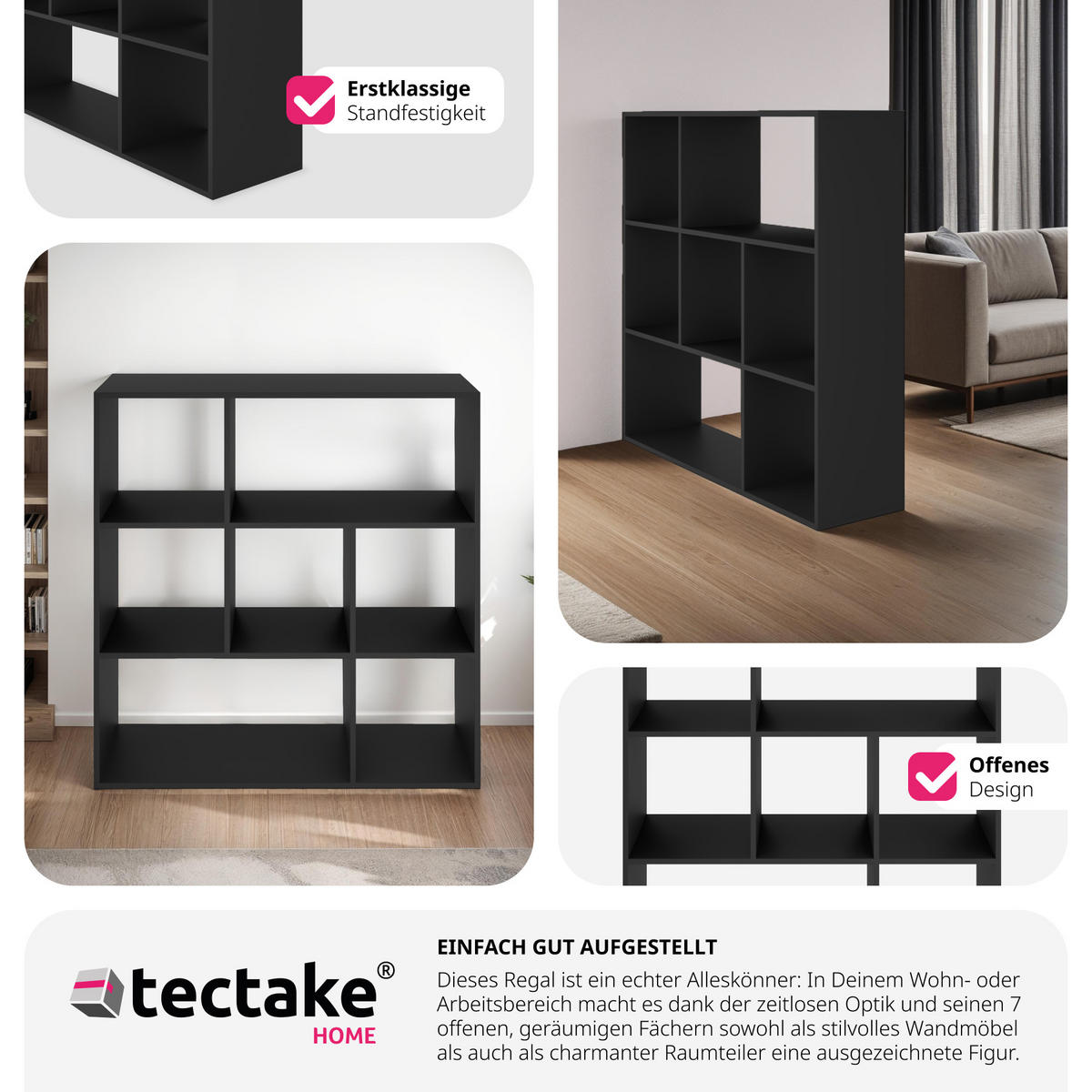 BÜCHERREGAL Tartu,104 x 29 x 107 cm,schwarz - Schwarz, Holzwerkstoff (104/107/29cm) - tectake