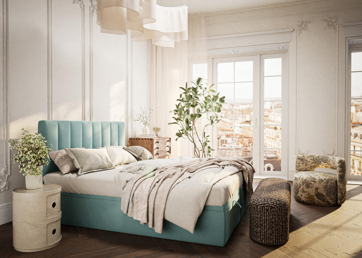 BOXBETT 200/200 cm Lovage M, in Türkis, Matratze, gepolstertes Kopfteil, Bettkasten, H3 = fest - Türkis/Schwarz, Holz/Holzwerkstoff (200/200cm) - Maison de Reve