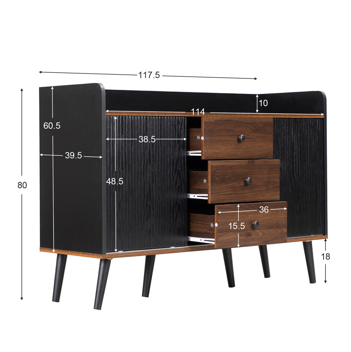 SIDEBOARD 117,5/40/80 cm aus Holzwerkstoff mit Schiebetüren und 3 Schubladen Schwarz/Holzfarben - Schwarz, Holzwerkstoff (117/80/40cm) - Modenvie