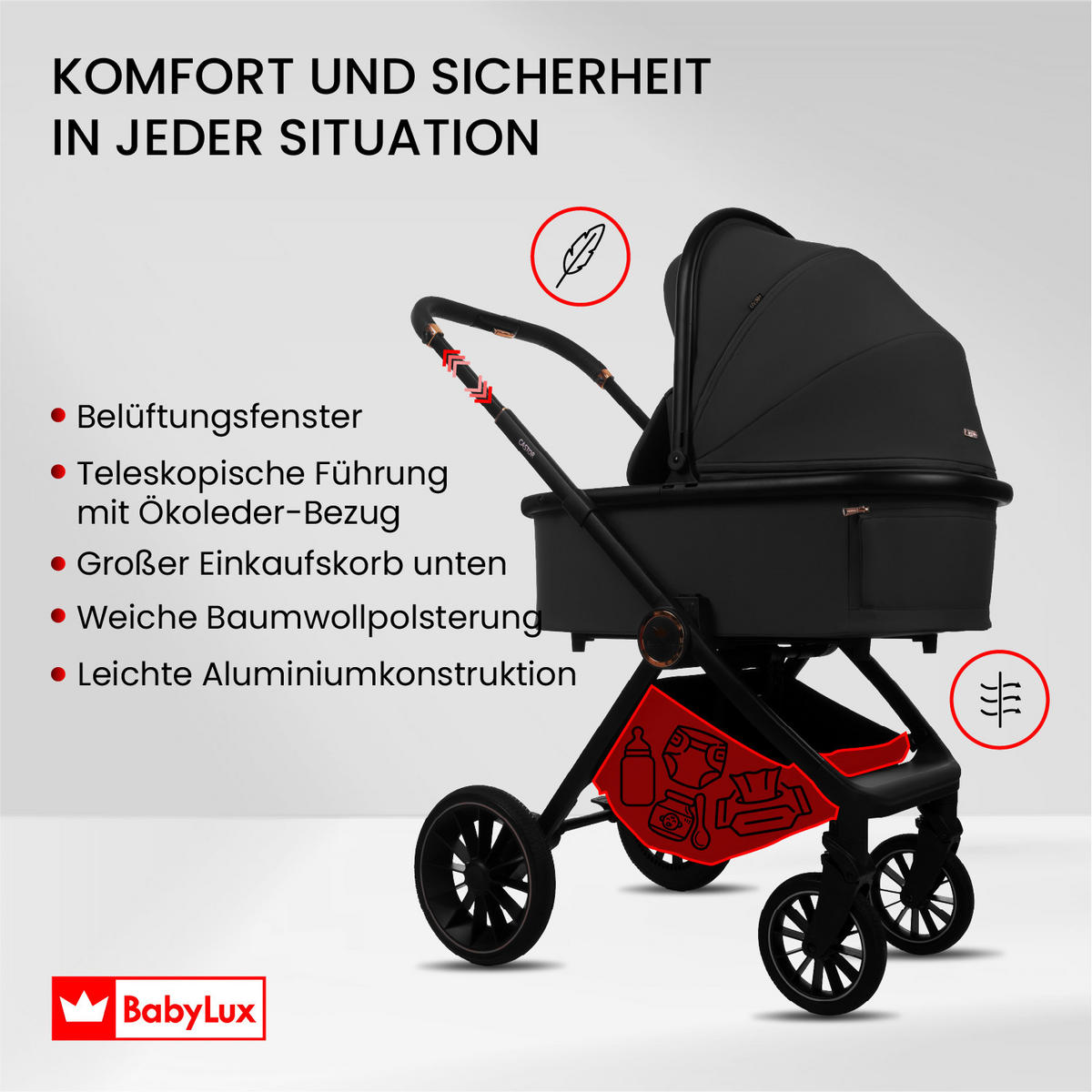 KINDERWAGEN Castor 4in1 Schwarz Babywanne, Reisebuggy, Autositz, Isofix Basis - Schwarz, Textil/Metall (58/98cm) - BabyLux