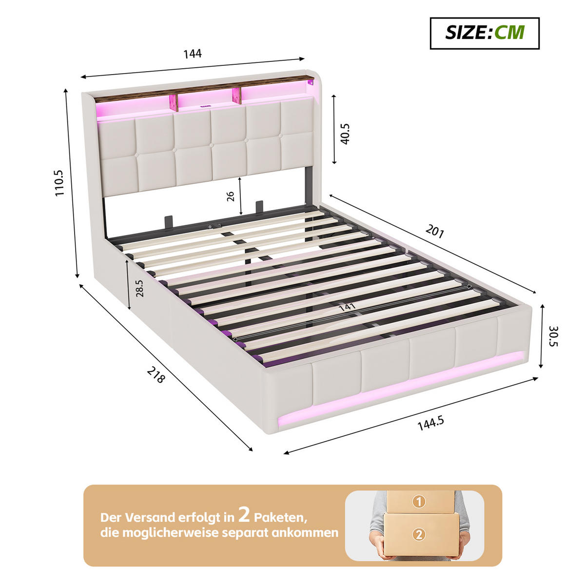 POLSTERBETT 140x200 cm Beige mit LED Beleuchtung, Kopfteil mit Stauraum und USB/Type-C, hydraulisches Stauraumbett - Beige, Metall (140/200cm) - EuroLiving
