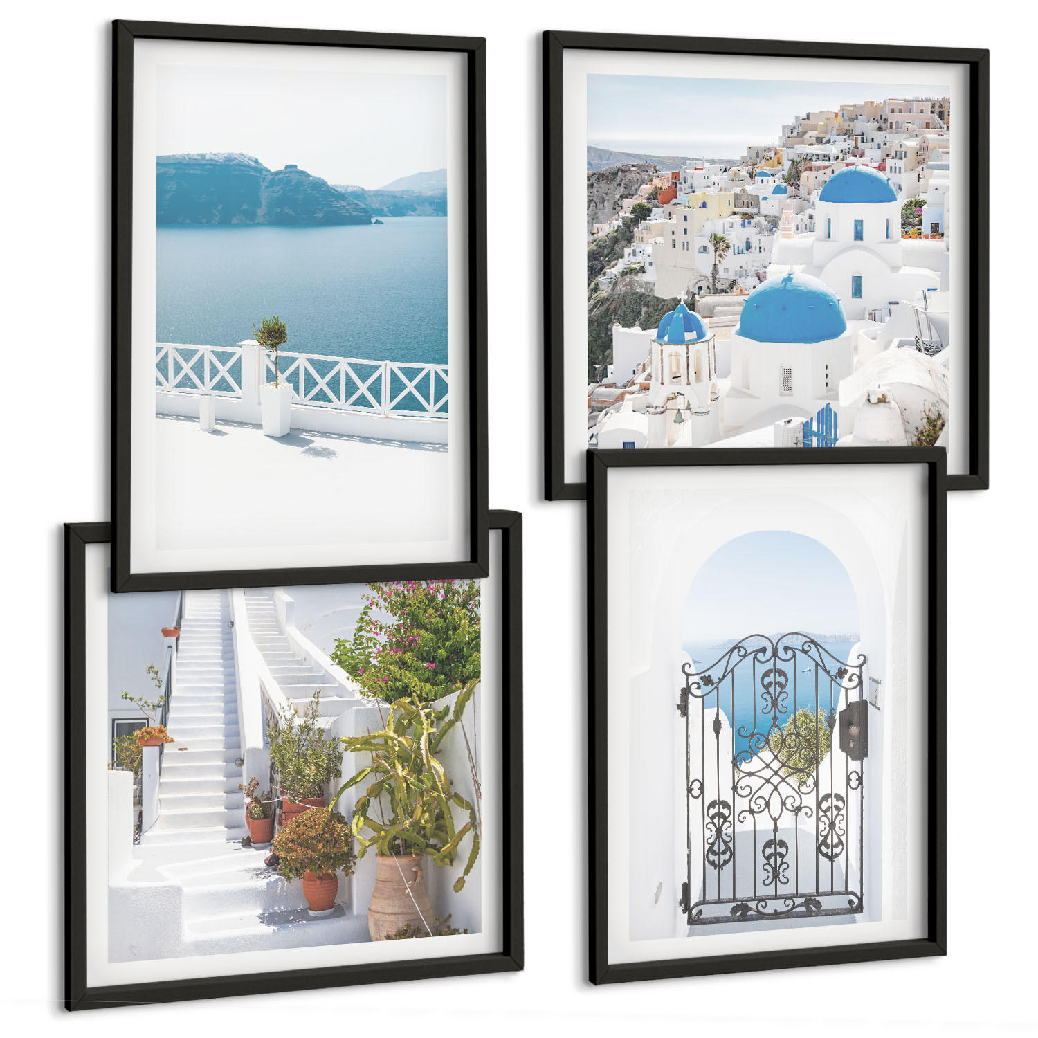BILDER SET 4er Set - 50x50 cm & 40x60 cm Schwarzer Rahmen - Weiße Treppenpflanzen Meer - Schwarz, Kunststoff (50/50cm) - TULUP