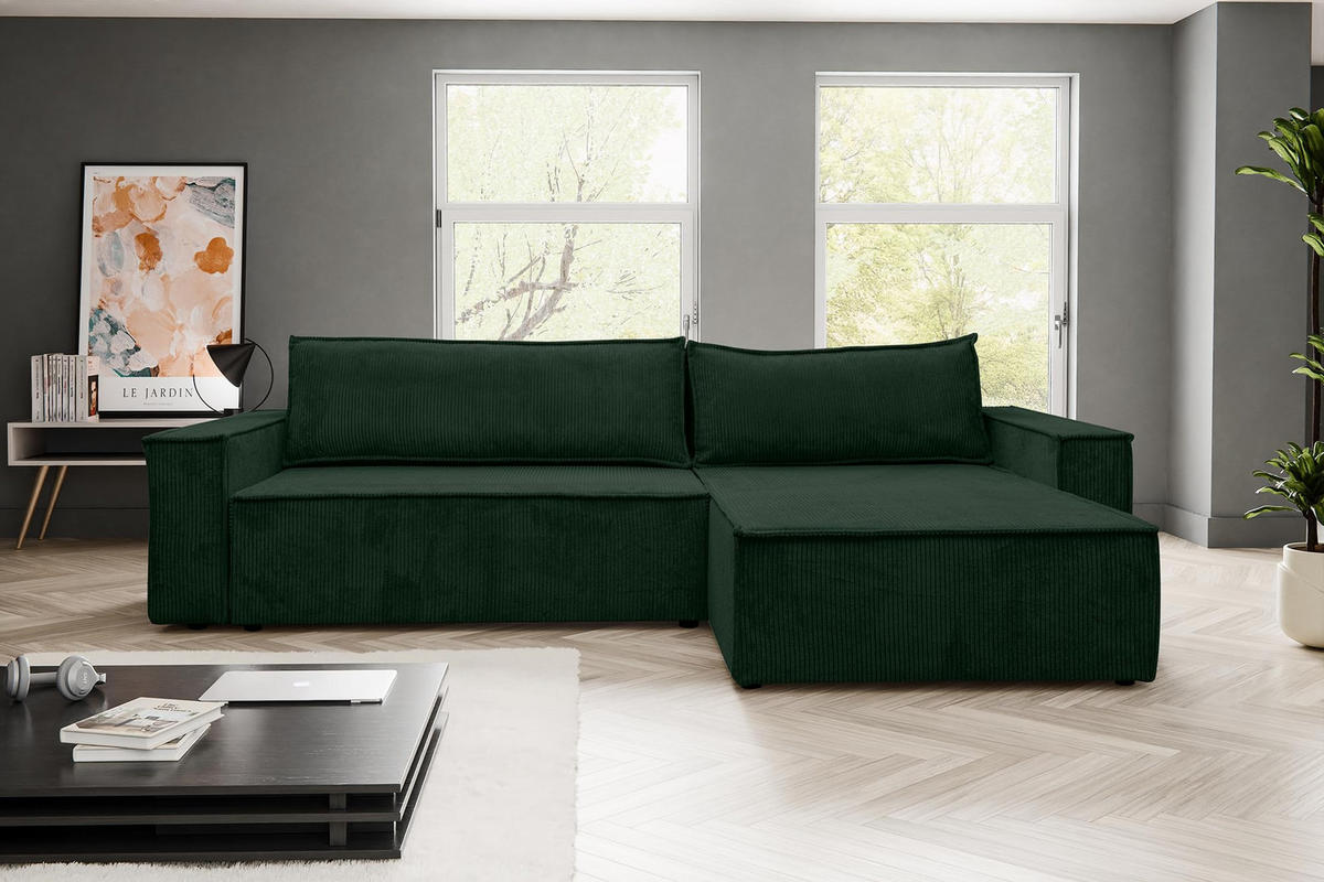 ECKSOFA HUGO XL Schlaffunktion und Bettkasten Cord-Stoff (Grün) - Grün, Textil (274/142cm) - VENASI MÖBEL