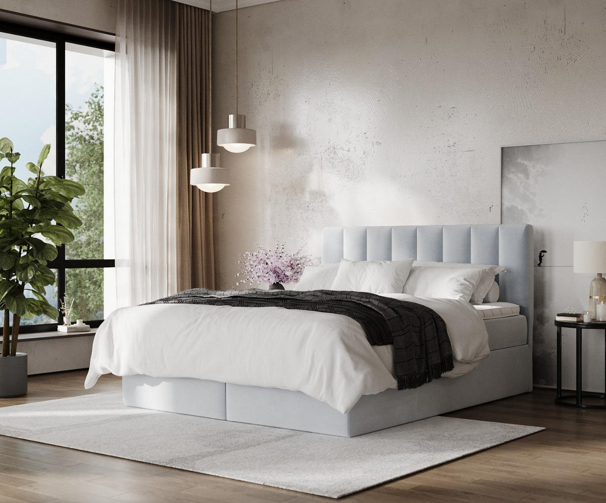 BOXBETT Lusso 200/200 cm Hellgrau im Paros Stoff - Hellgrau/Schwarz, Holz/Holzwerkstoff (200/200cm) - AltaBeds