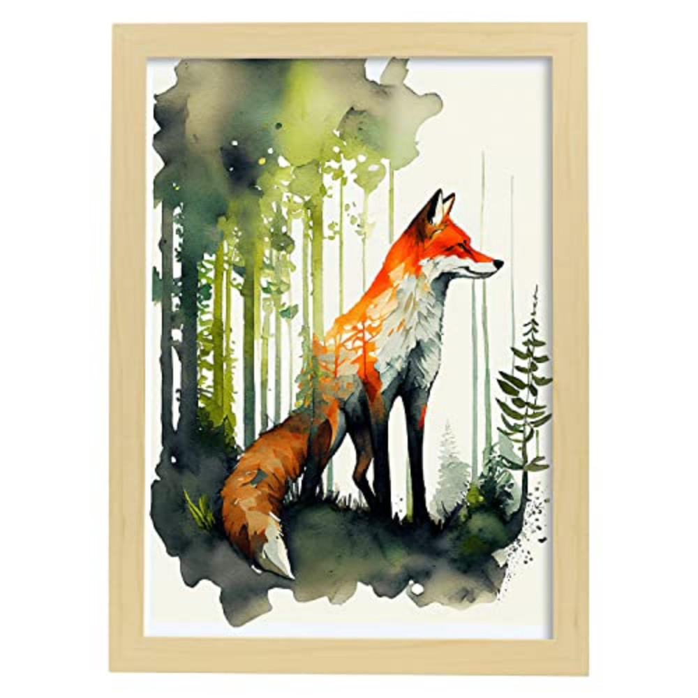 POSTER Fuchs 1 Im Aquarell Stil. A4 Rahmen Aus Hellem Holz - Beige, Papier (29.7/5/21cm) - Nacnic