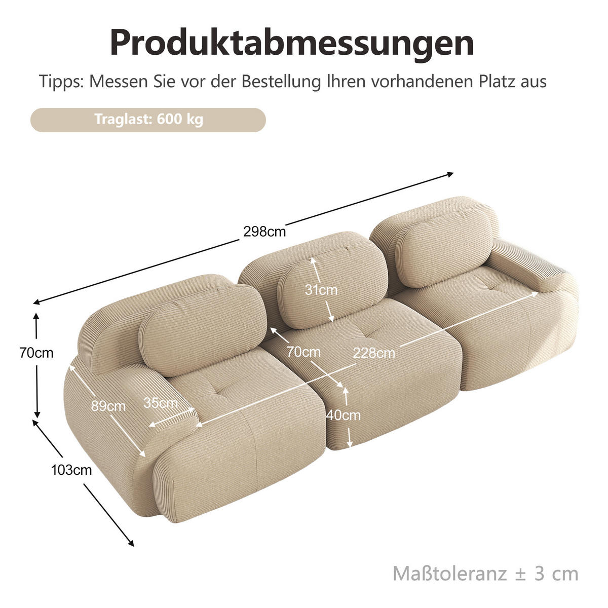 3-SITZER-SOFA DE-34025 modular Beige - Beige, Textil (103/75/298cm) - ComfortXL