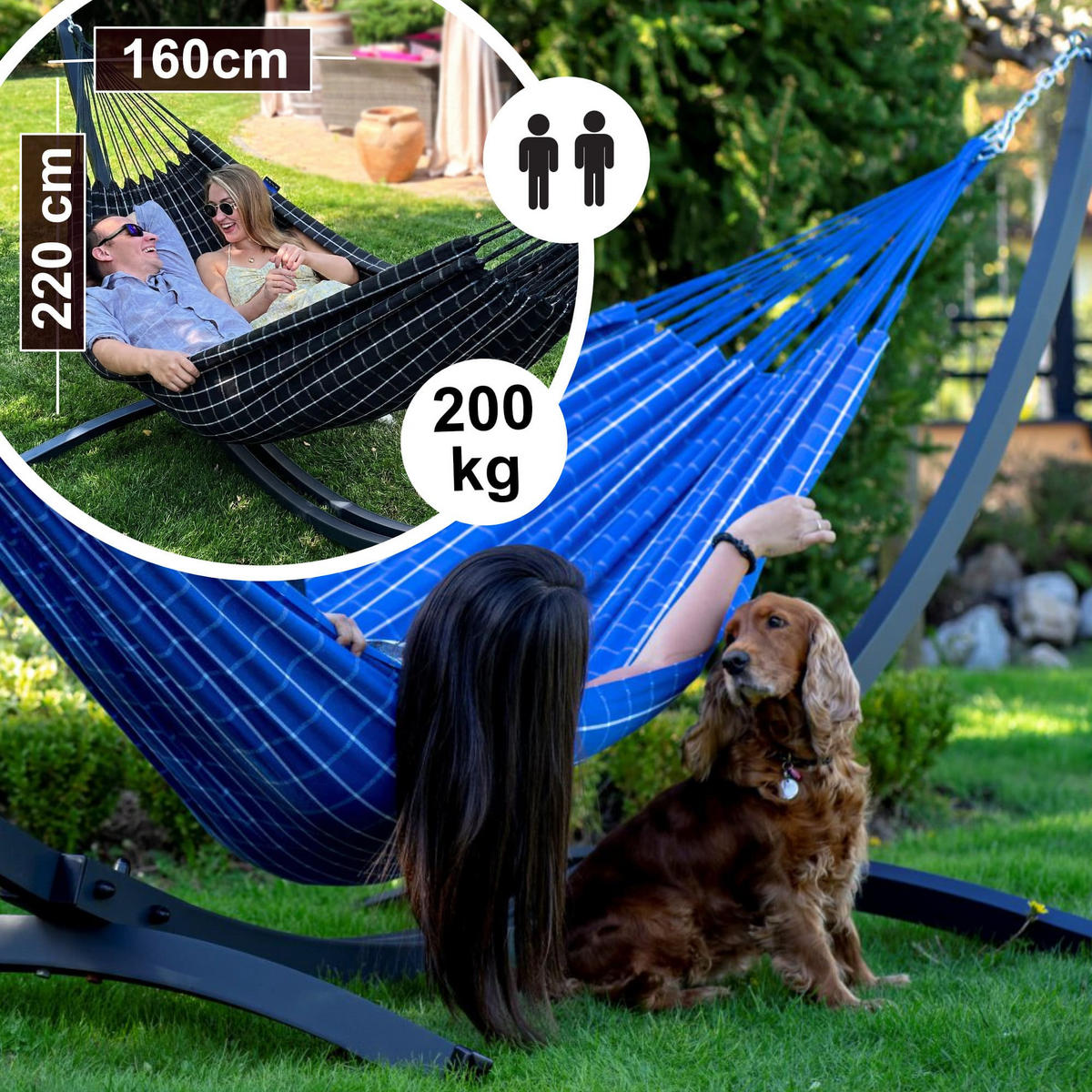 HÄNGEMATTE mit Gestell, 2 Personen, XXL, Tytan Rahmen bis 350 kg, Metall, Catargo Blau, einfache Montage - Blau, Metall (370/130/120cm) - Potenza