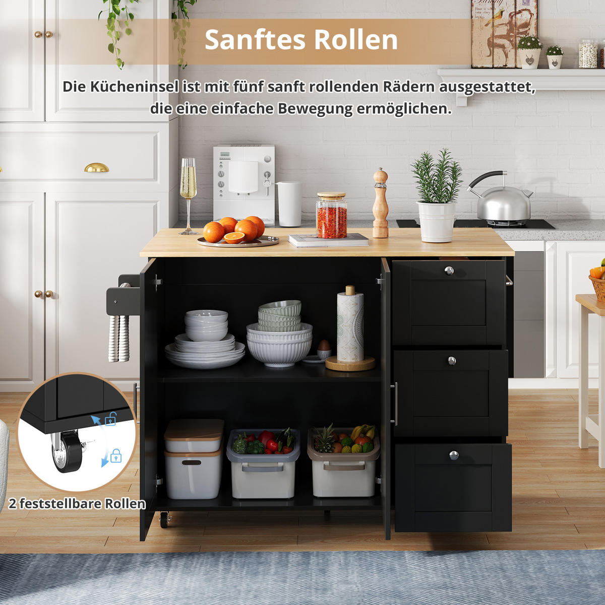 KÜCHENINSEL klappbar 135x70 cm MDF Black/Natural - Schwarz, Holz (44/90/135cm) - Beauniv