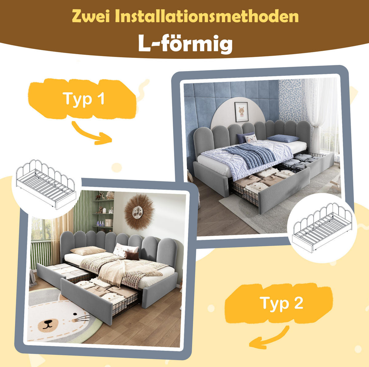 POLSTERBETT 90/200 cm mit 2 Schubladen, L-Form, Samtbezug und Lattenrost, Grau - Grau, Textil (90/200cm) - Redom