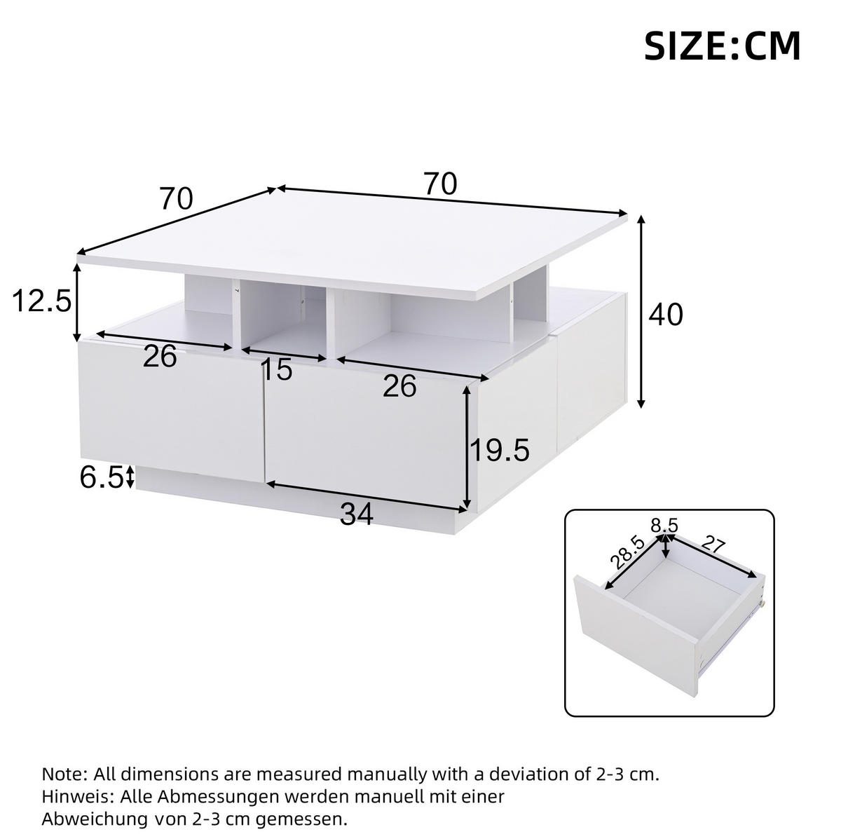 COUCHTISCH Weiß Hochglanz, 4 Schubladen, 3‑schichtiges Stauraumdesign mit LED (App‑Steuerung), 70/70/40 cm,Weiß - Weiß, Holzwerkstoff (70/70/40cm) - Redom