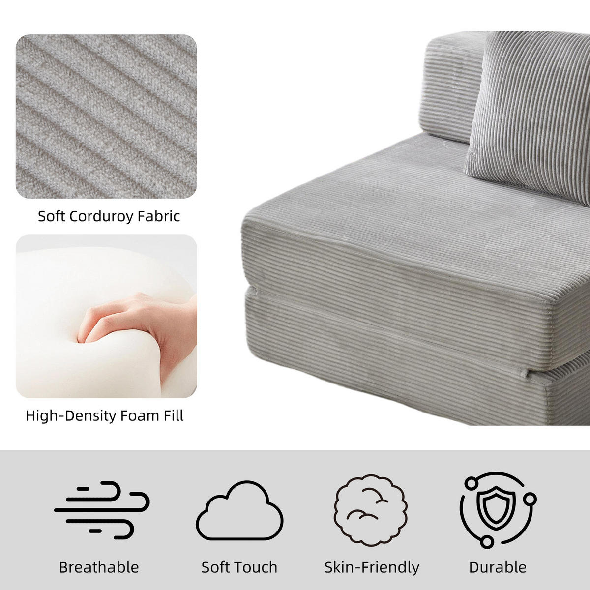 SCHLAFSOFA DE-33495 faltbar mit Rücken- und Armlehne Hellgrau - Hellgrau, Textil (92.5/60/92.5cm) - ComfortXL