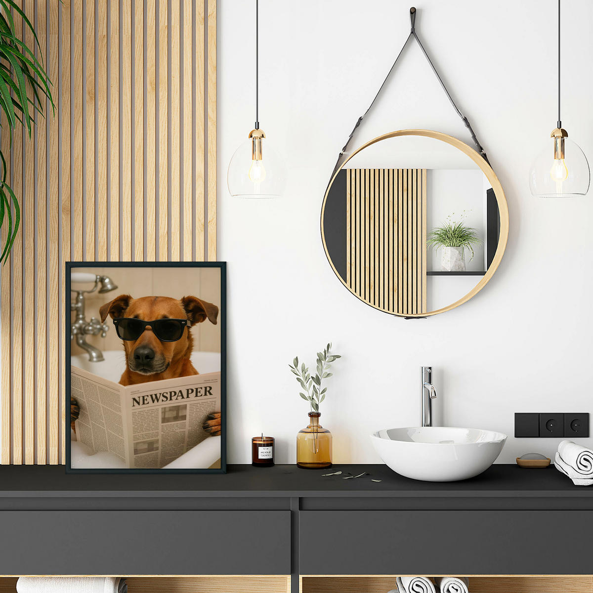 POSTER für WC Badezimmer HUND in Badewanne Retro Zeitung Abstraktion 30x40cm - Beige/Schwarz, Papier (30/40/40cm) - Muralo