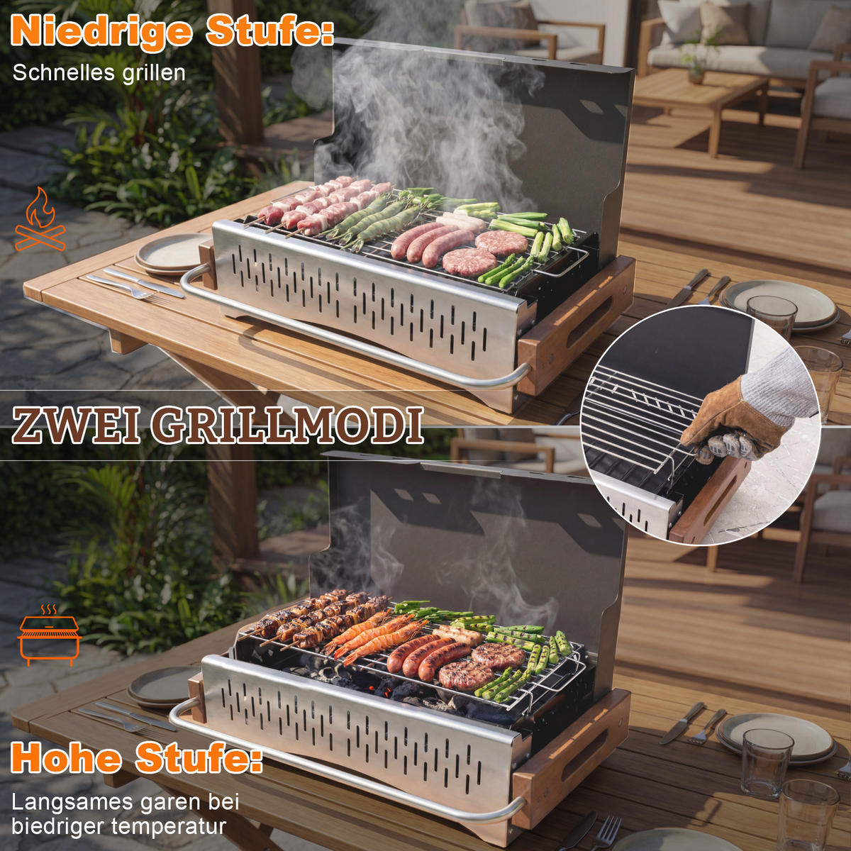HOLZKOHLEGRILL mit Werkzeugkoffer - Silberfarben/Schwarz, Metall (37.3/33.2/50.72cm) - HOMAVO