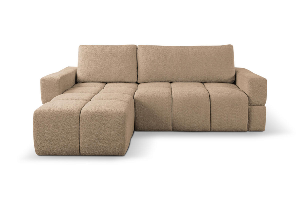 ECKSOFA LUSSO mit Schlaffunktion und Bettkasten, Farbe: Braun, Bouclé-Stoff, Ottomane Universal - Braun, Textil (255/165cm)