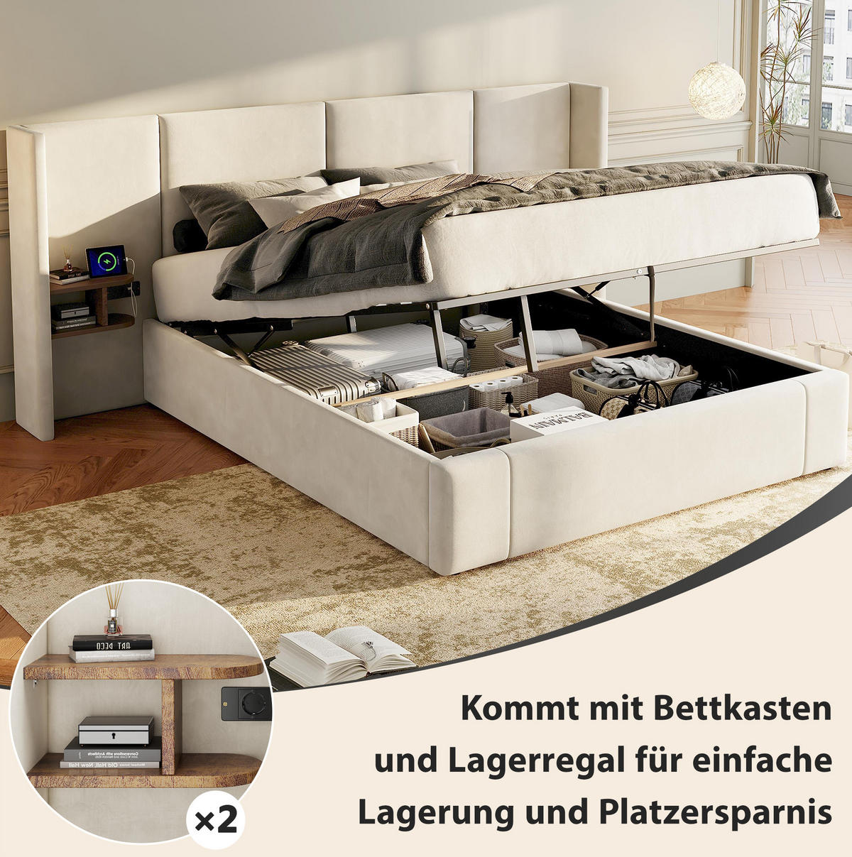 POLSTERBETT aus Samt 160x200 cm in Beige mit USB & Stauraum - Beige, Textil (160/200cm) - Modfu