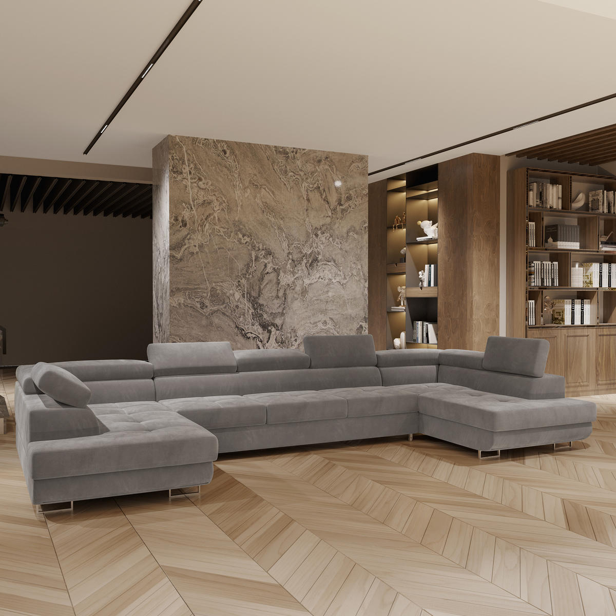 WOHNLANDSCHAFT ISOLANO Grau Velours-Stoff mit Schlaffunktion - Grau, Holz (408/90/202cm) - MASSENO