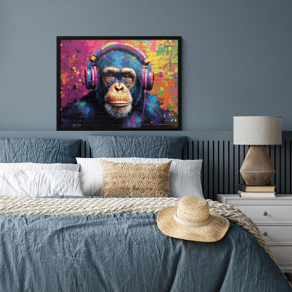 POSTER MIT RAHMEN Graffiti - Schimpanse - Straßenkunst - Kopfhörer - Affe 80x60 cm - Blau, Papier (80/60cm) - MuchoWow