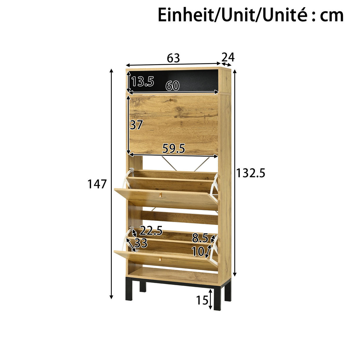 SCHUHSCHRANK in Naturfarben Schuhkommode mit 3 Klappen und zusätzlichen Fächern für Eingangsbereich, B63/T24/H147cm - Schwarz/Naturfarben, Holzwerkstoff/Metall (63/147/24cm) - STILVORA