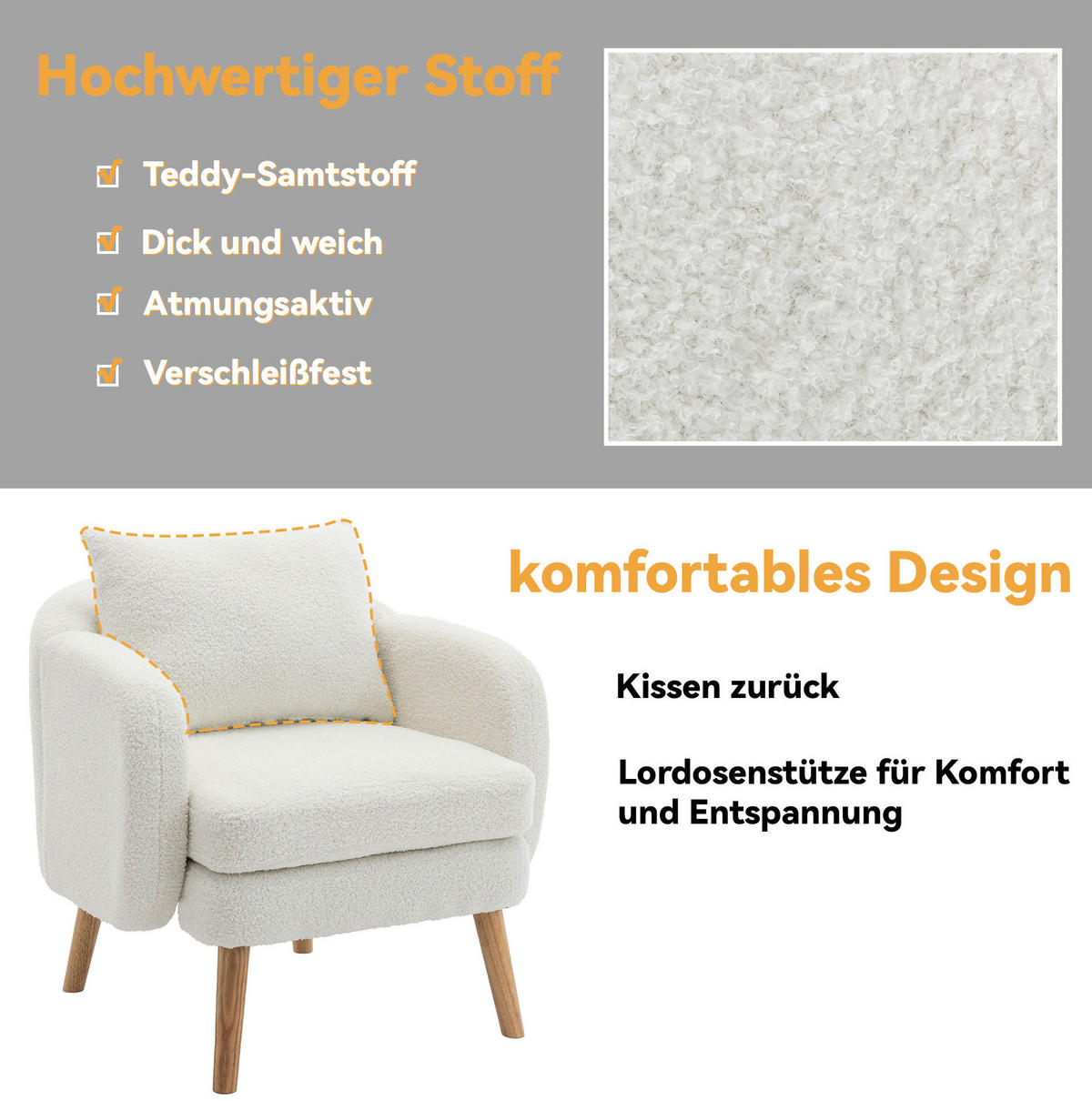 SESSEL Teddy-Samt mit Rückenkissen 71/72/71 cm Weiß inkl. Kissen - Weiß, Textil (72/71/71cm) - Redom