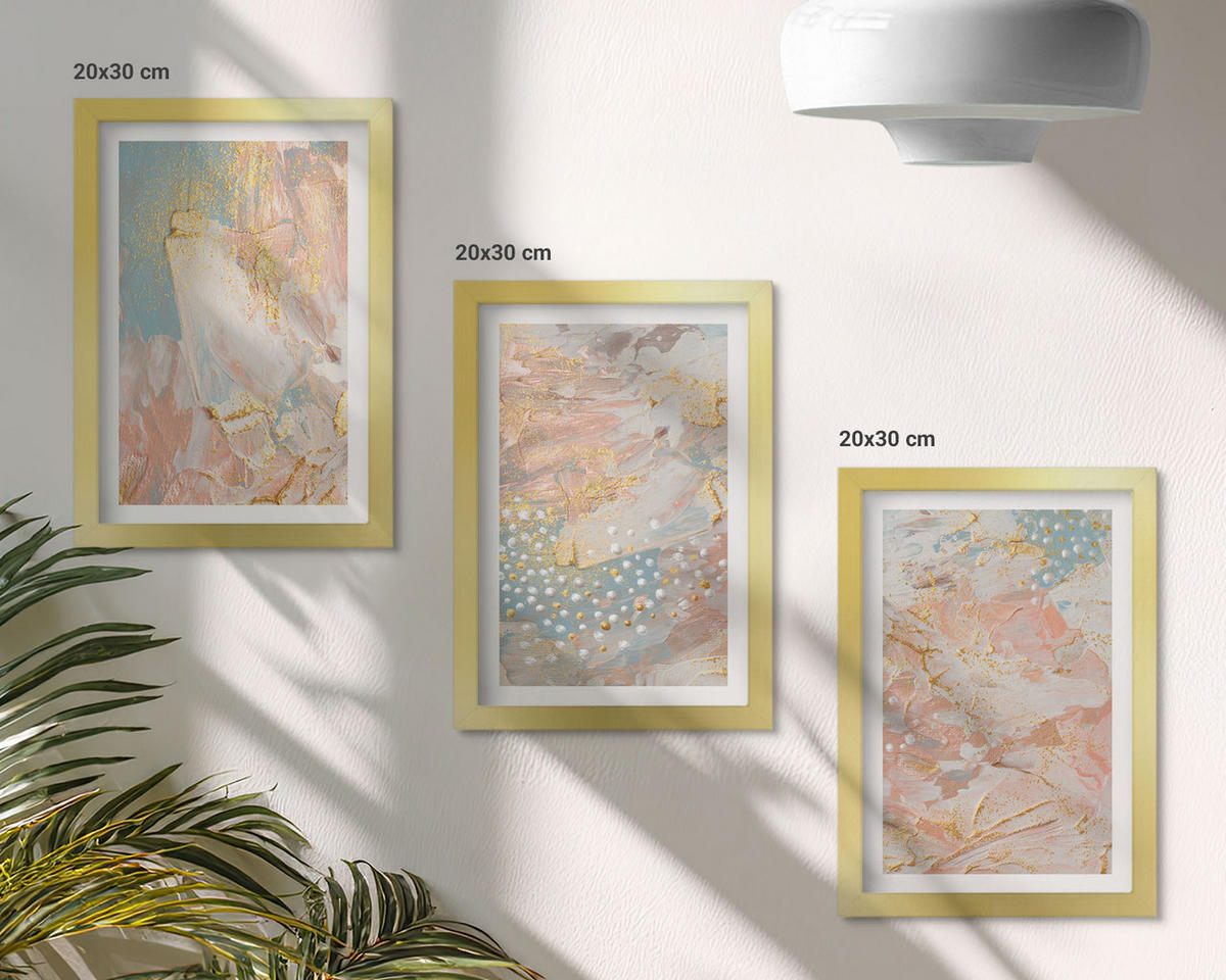 WANDBILDER 3er Set - 20x30 cm Goldrahmen - Abstrakte Pastellmuster - Goldfarben, Kunststoff (20/30cm) - ArtPrintCave