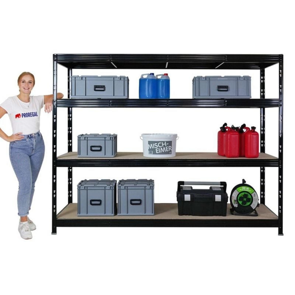 SCHWERLASTREGAL 3er-Set Rhino 180x240x60cm 4 Spanplatten-Ebenen 8mm Fachlast 450kg Schwarz - Schwarz, Metall (720/180/60cm) - PROREGAL