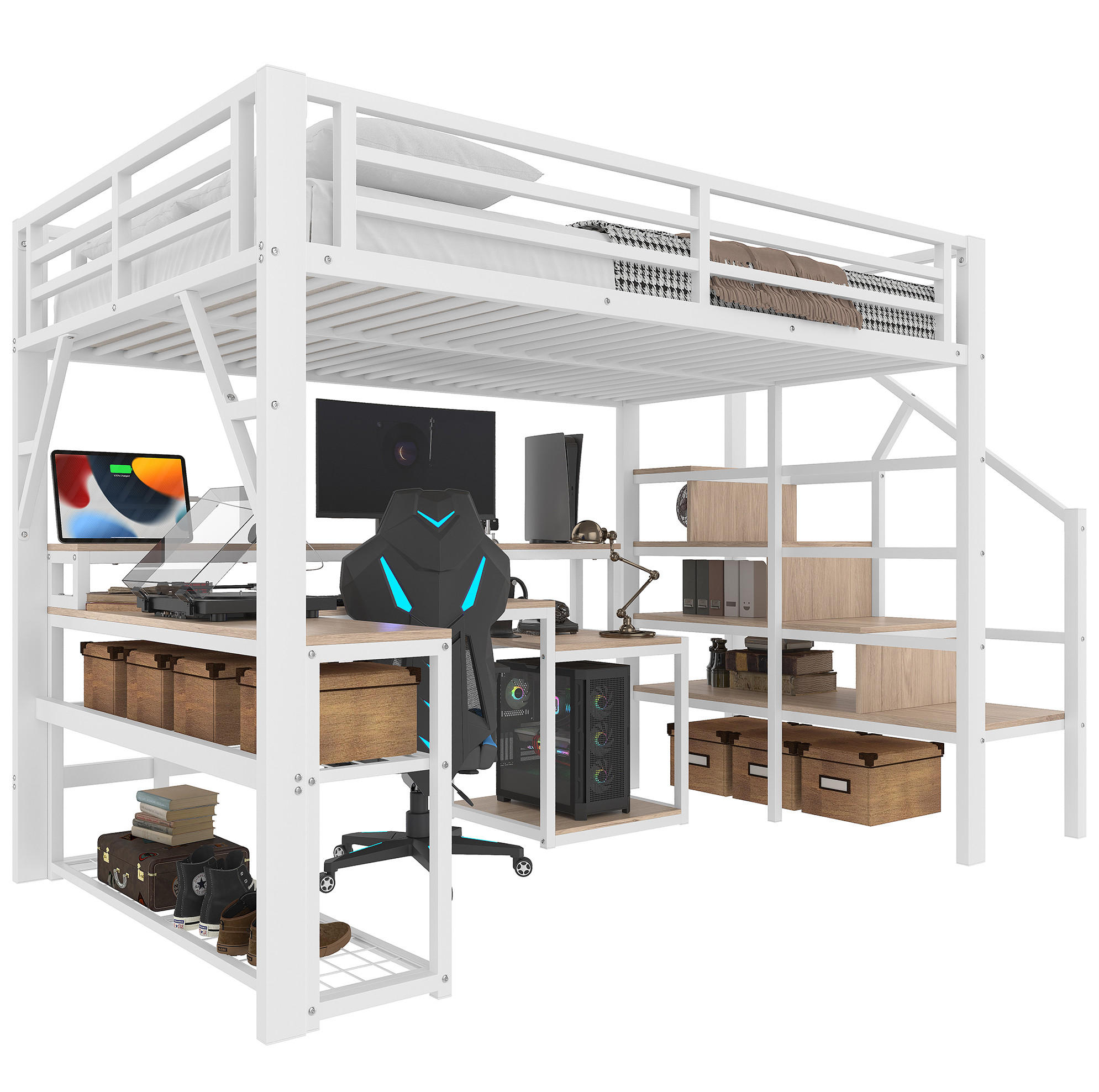 HOCHBETT 140/200 cm Weiß aus Metall und MDF mit Schreibtisch - Weiß, Metall (140/200cm) - OKMYHOME