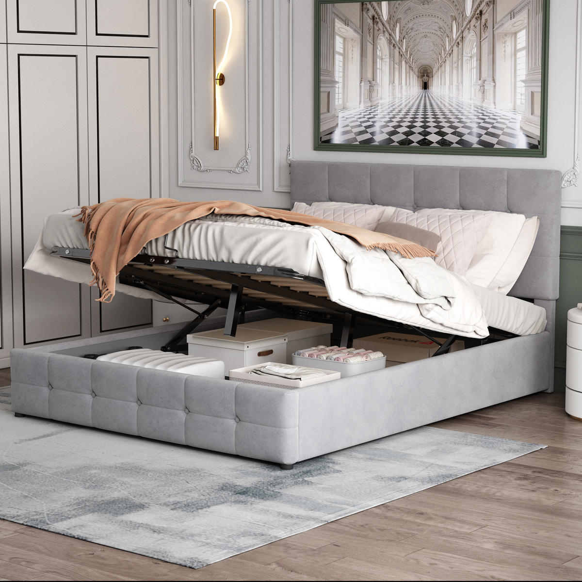 POLSTERBETT 140/200 cm grau mit hydraulischem Bettkasten und höhenverstellbarem Kopfteil - Grau, Textil (140/200cm) - OKWISH