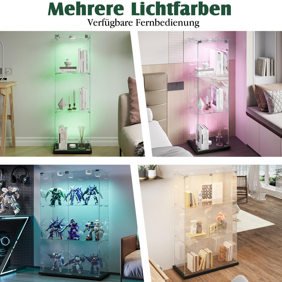GLASVITRINE, stehend mit 3 Einlegeböden, Touch-LED, Doppeltür mit Schloss, Schwarz - Schwarz, Glas (78.5/123.3/35cm) - BRILVERDE