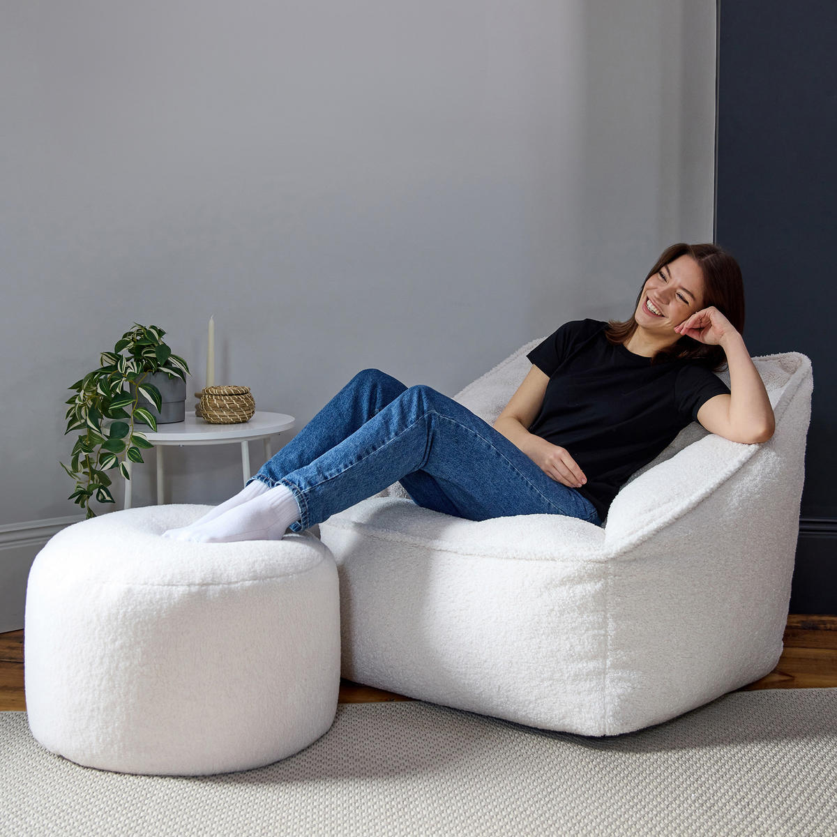 SITZSACK Borg-Sessel icon Natalia und Fußhocker-Sitzsack Amara im 2-teiligen Set, naturfarben - Creme, Kunststoff/Textil (100/100/88cm) - icon